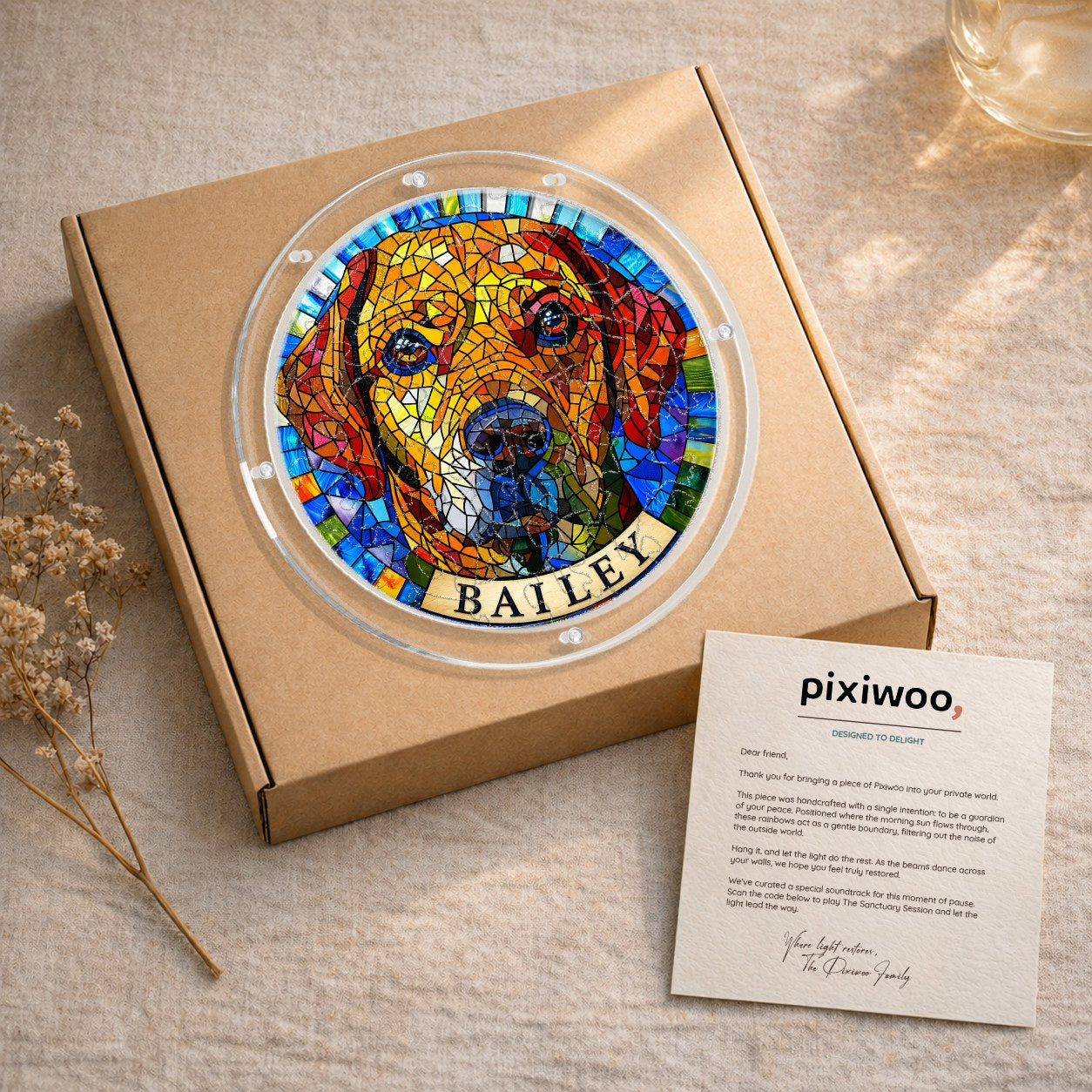 Rainbow mosaic dog memorial puzzle suncatcher in a kraft gift box with an insert card