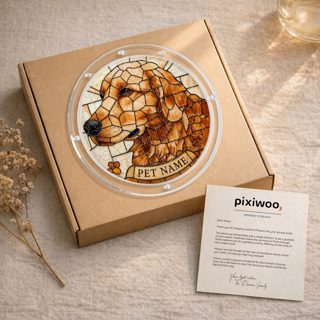 Dog memorial puzzle suncatcher in a kraft gift box with an insert card