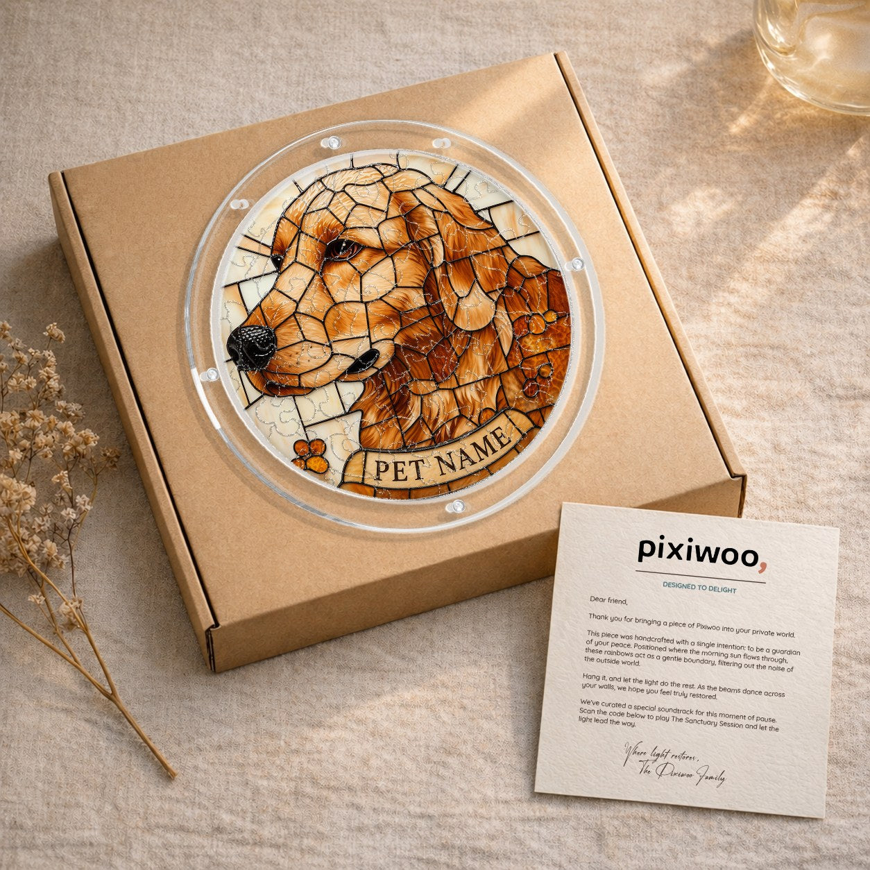 Dog memorial puzzle suncatcher in a kraft gift box with an insert card