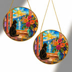 Black Cat & Seaside Window Stained Glass Suncatcher