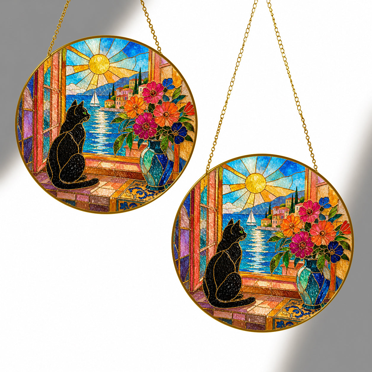 Black Cat & Seaside Window Stained Glass Suncatcher