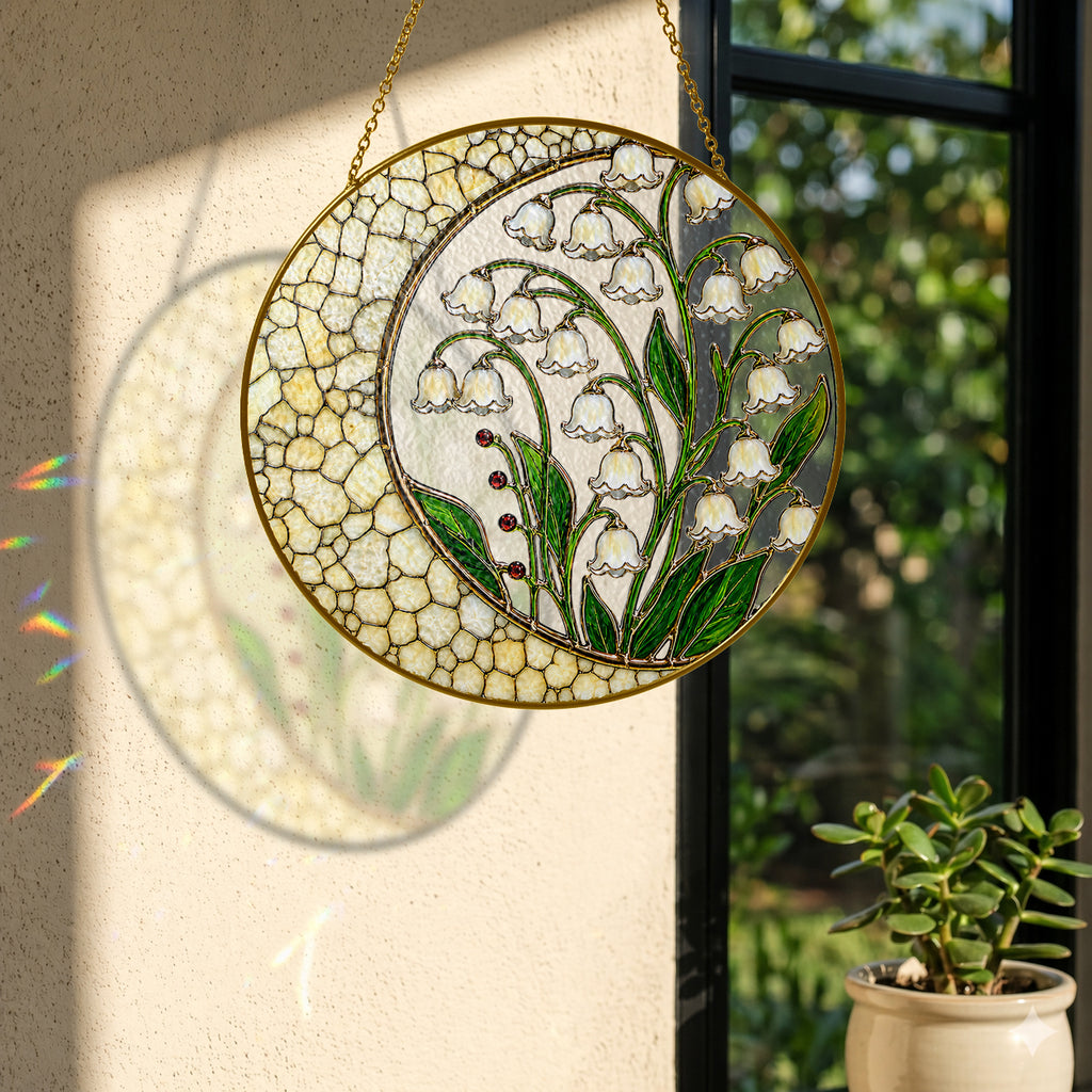 Lily of the Valley Stained Glass Suncatcher – Crescent Moon