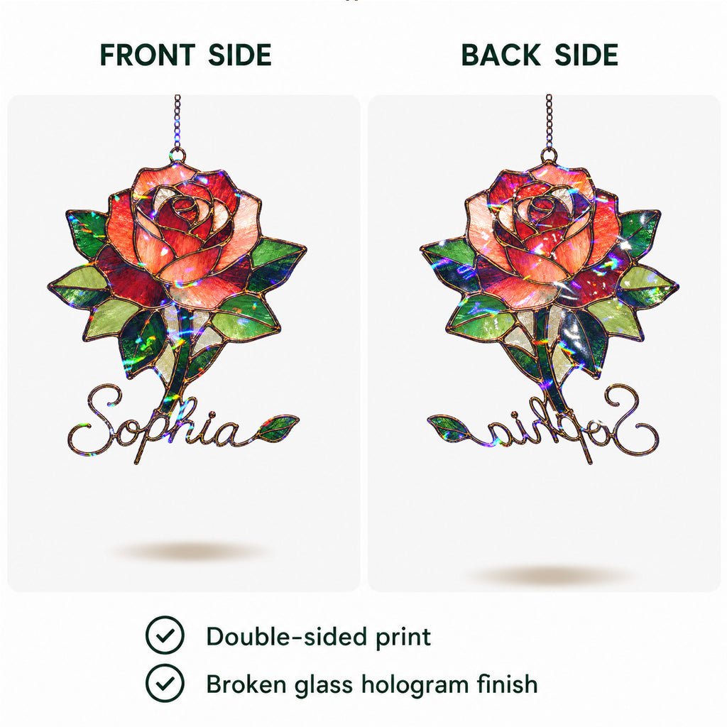 Personalized Red Rose Holographic Acrylic Suncatcher