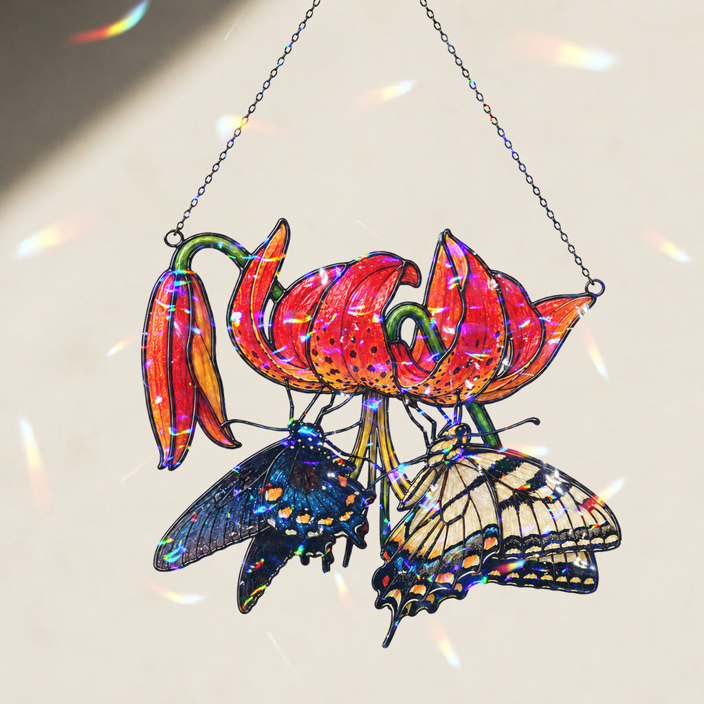 Swallowtail Butterflies & Tiger Lily Holographic Acrylic Suncatcher
