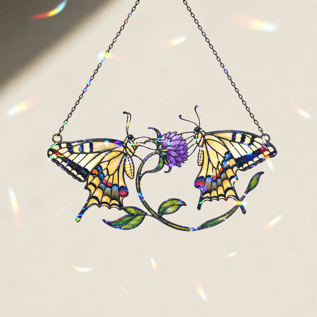Twin Swallowtail Butterflies & Purple Clover Holographic Acrylic Suncatcher