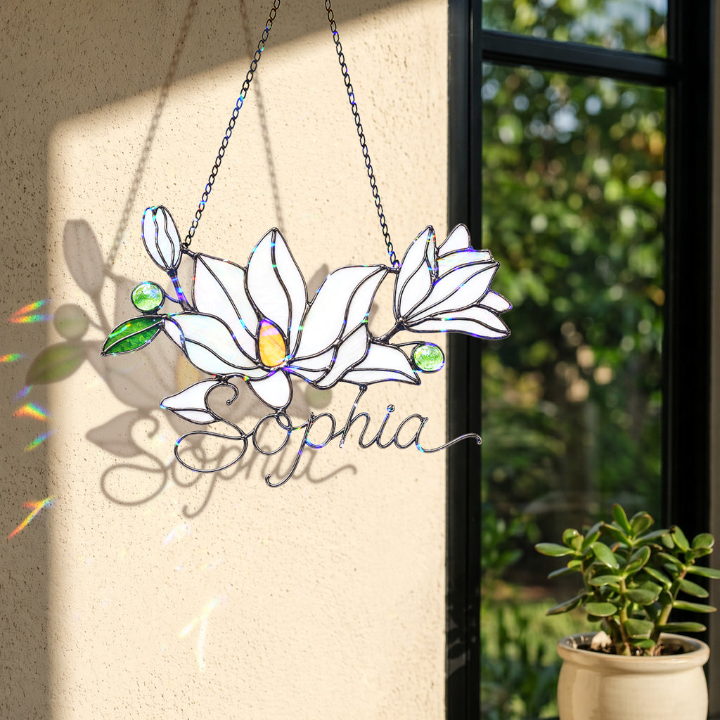 Personalized White Magnolia Branch Holographic Acrylic Suncatcher