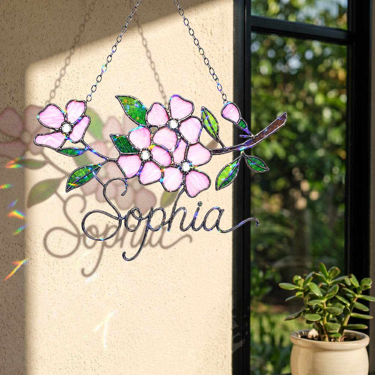 Personalized Pink Cherry Blossom Branch Holographic Acrylic Suncatcher