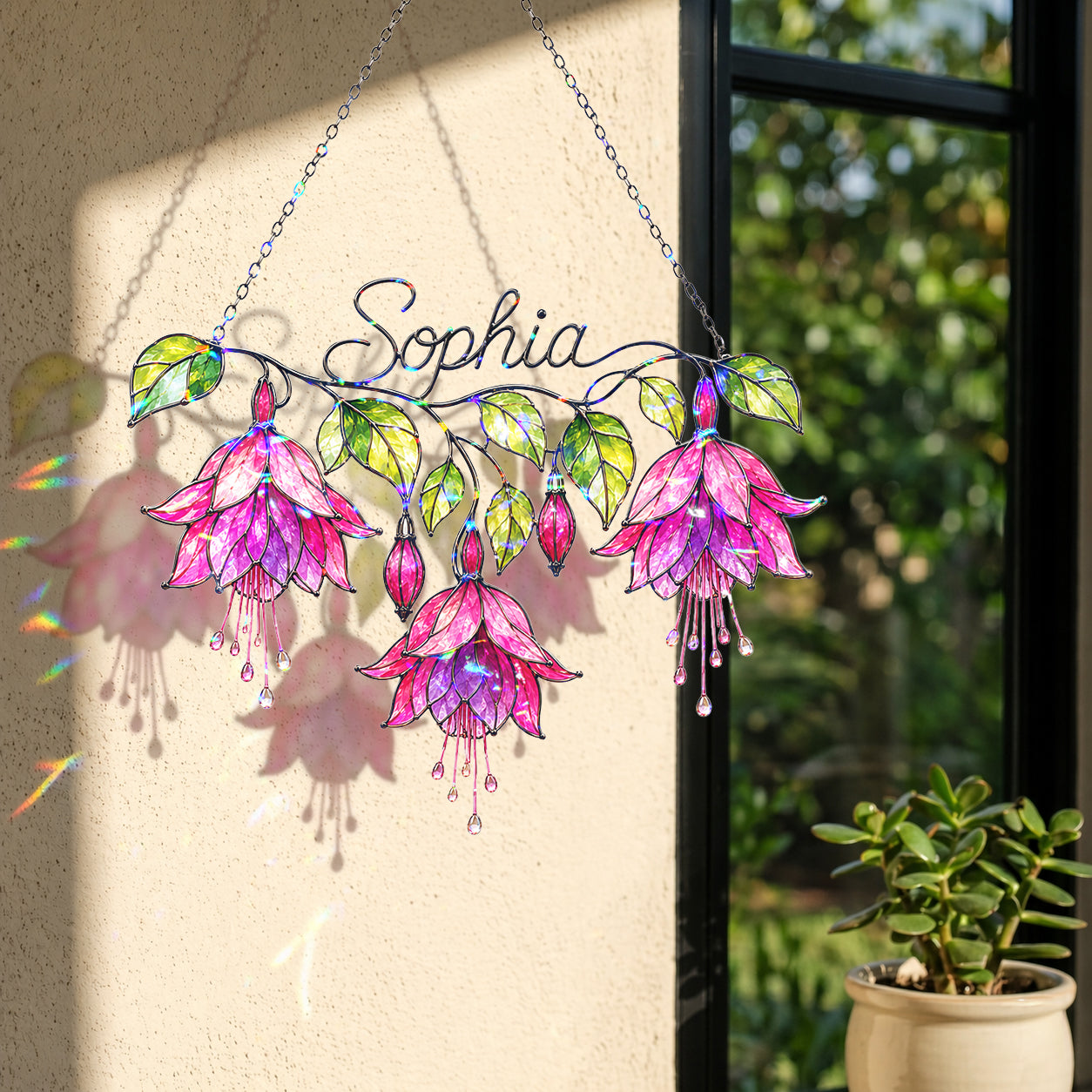 Personalized Pink Fuchsia Flower Holographic Acrylic Suncatcher