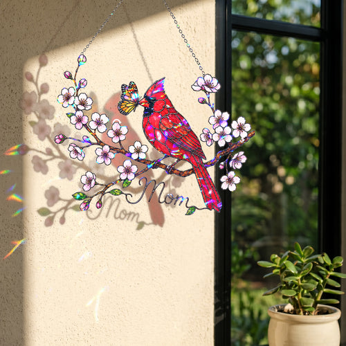 Personalized Cardinal & Cherry Blossom Holographic Acrylic Suncatcher