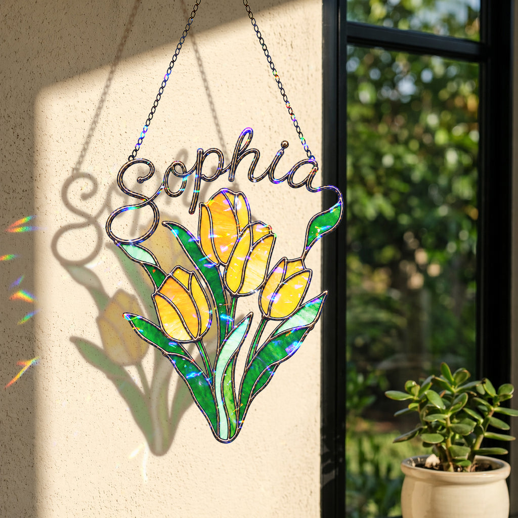 Personalized Yellow Tulip Bouquet Holographic Acrylic Suncatcher