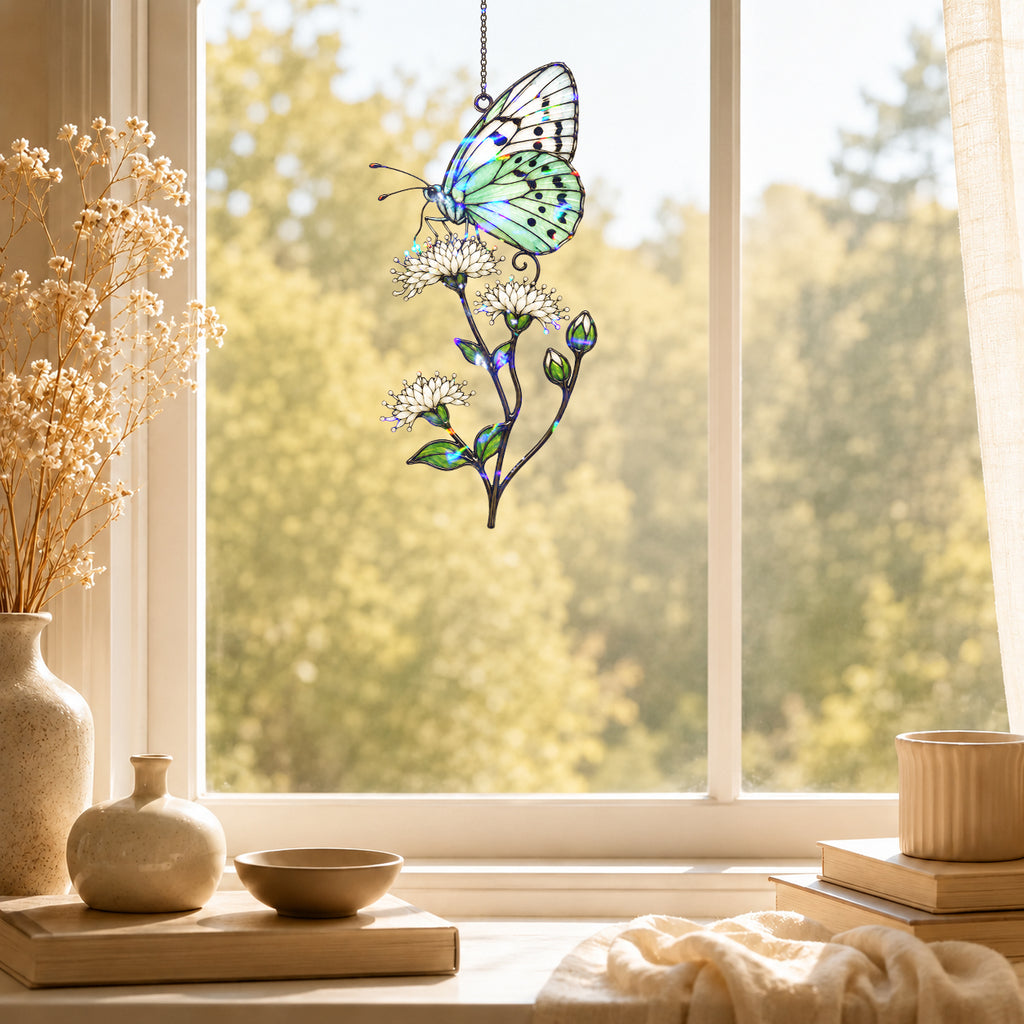 Mint Butterfly & White Blossom Holographic Acrylic Suncatcher