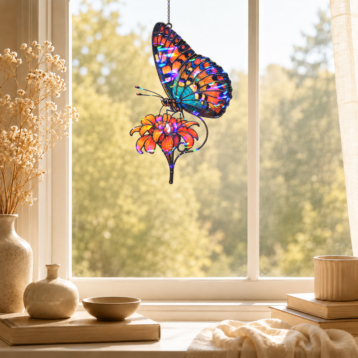 Orange & Blue Butterfly with Marigold Holographic Acrylic Suncatcher