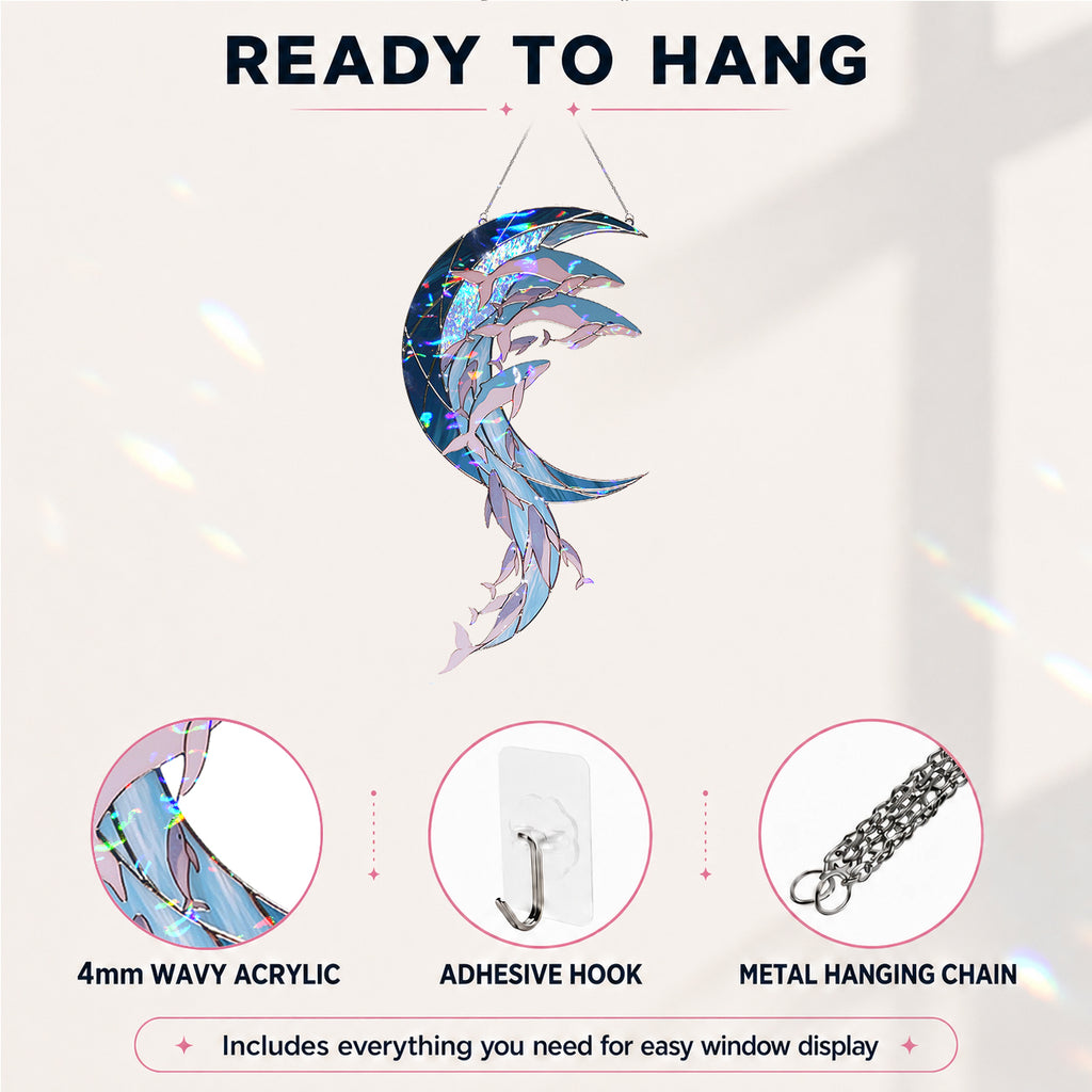 Whale Pod Crescent Moon Holographic Acrylic Suncatcher