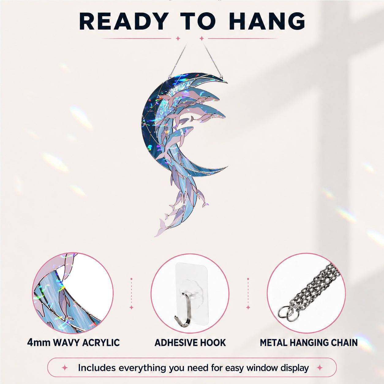 Whale Pod Crescent Moon Holographic Acrylic Suncatcher