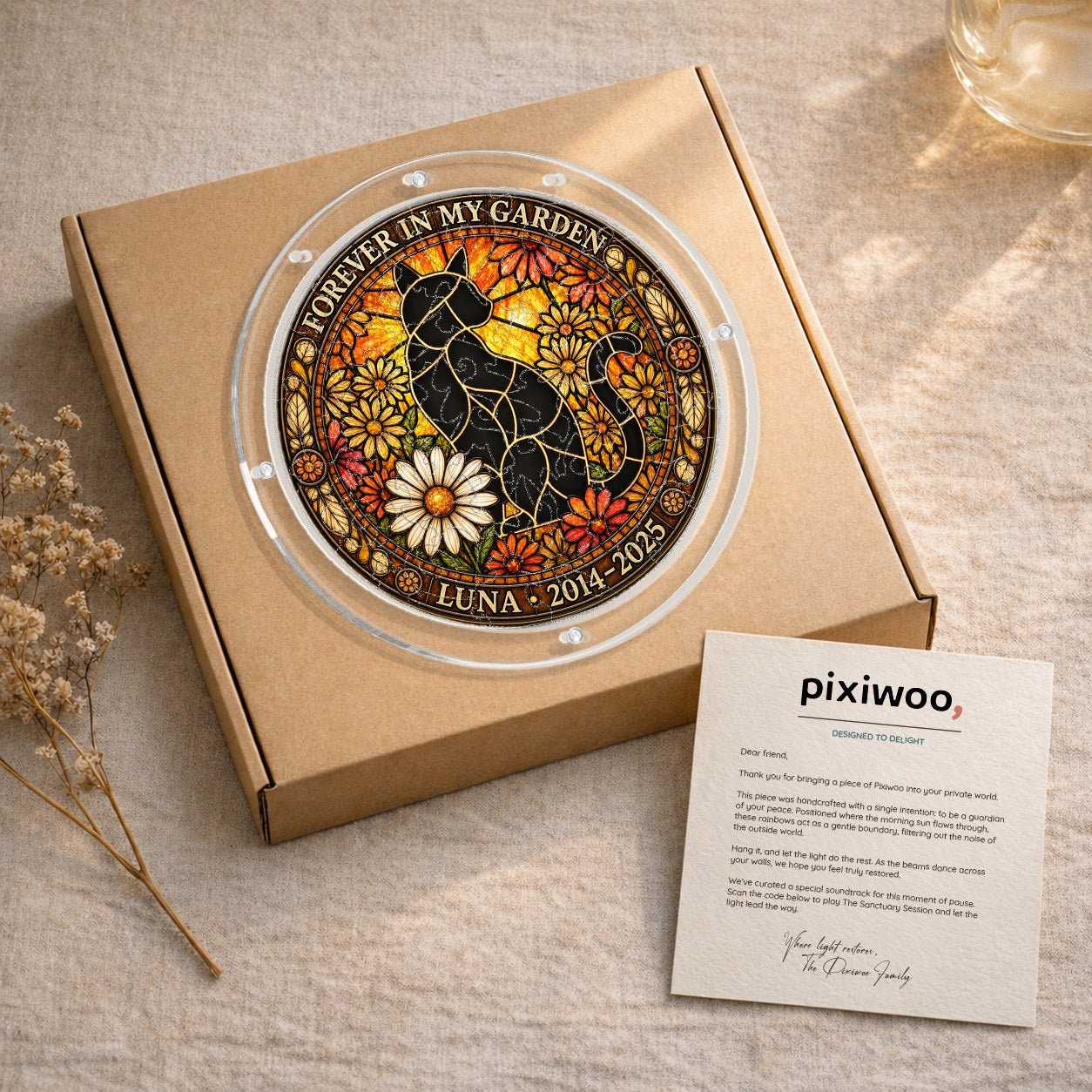 Pixiwoo gift box packaging for the cat memorial puzzle suncatcher