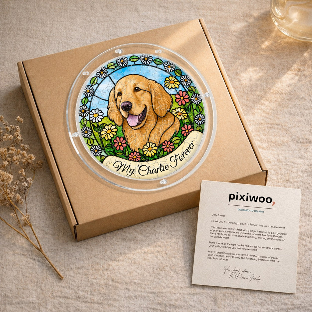 Daisy garden dog memorial puzzle suncatcher in a kraft gift box with an insert card