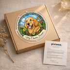 Daisy garden dog memorial puzzle suncatcher in a kraft gift box with an insert card