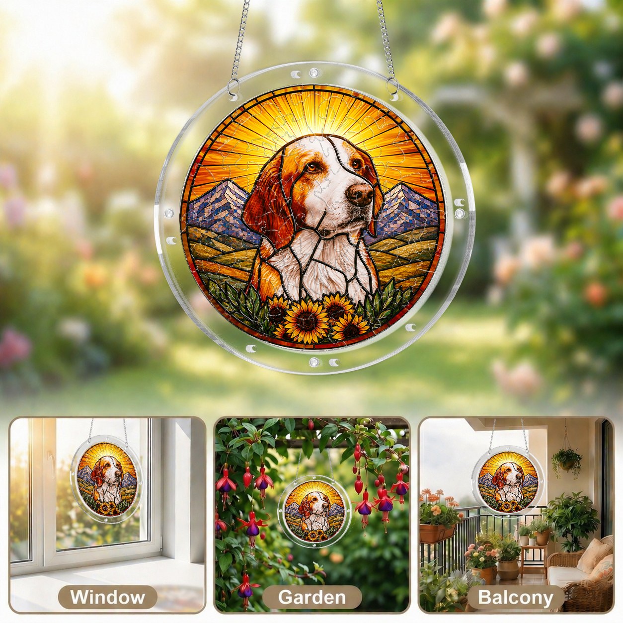 Dog memorial puzzle suncatcher shown in window, garden and balcony