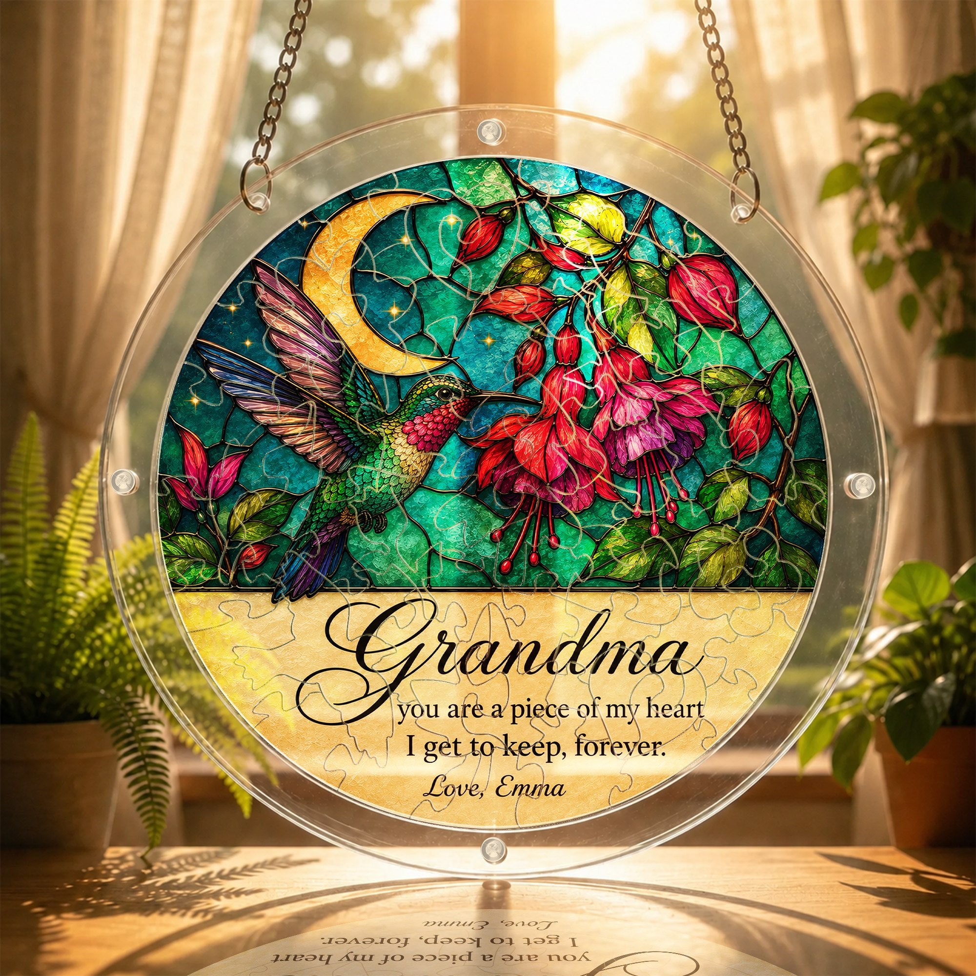 Personalized Grandma Hummingbird Acrylic Puzzle Suncatcher