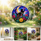 Cat memorial puzzle suncatcher shown in window, garden and balcony