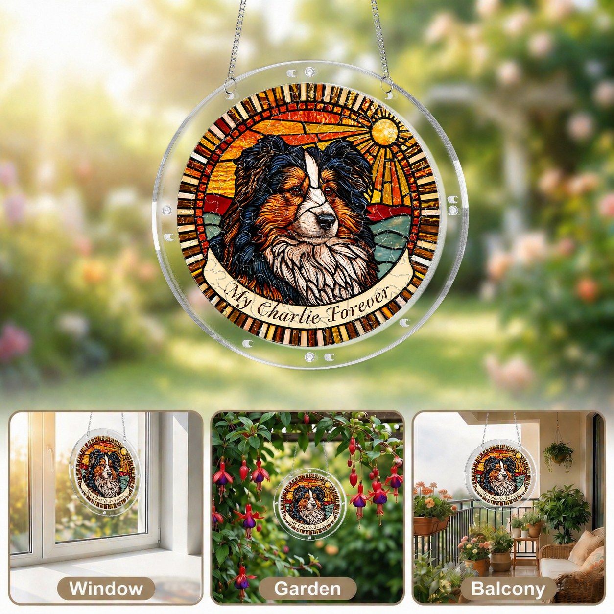 Dog memorial puzzle suncatcher shown in window, garden and balcony