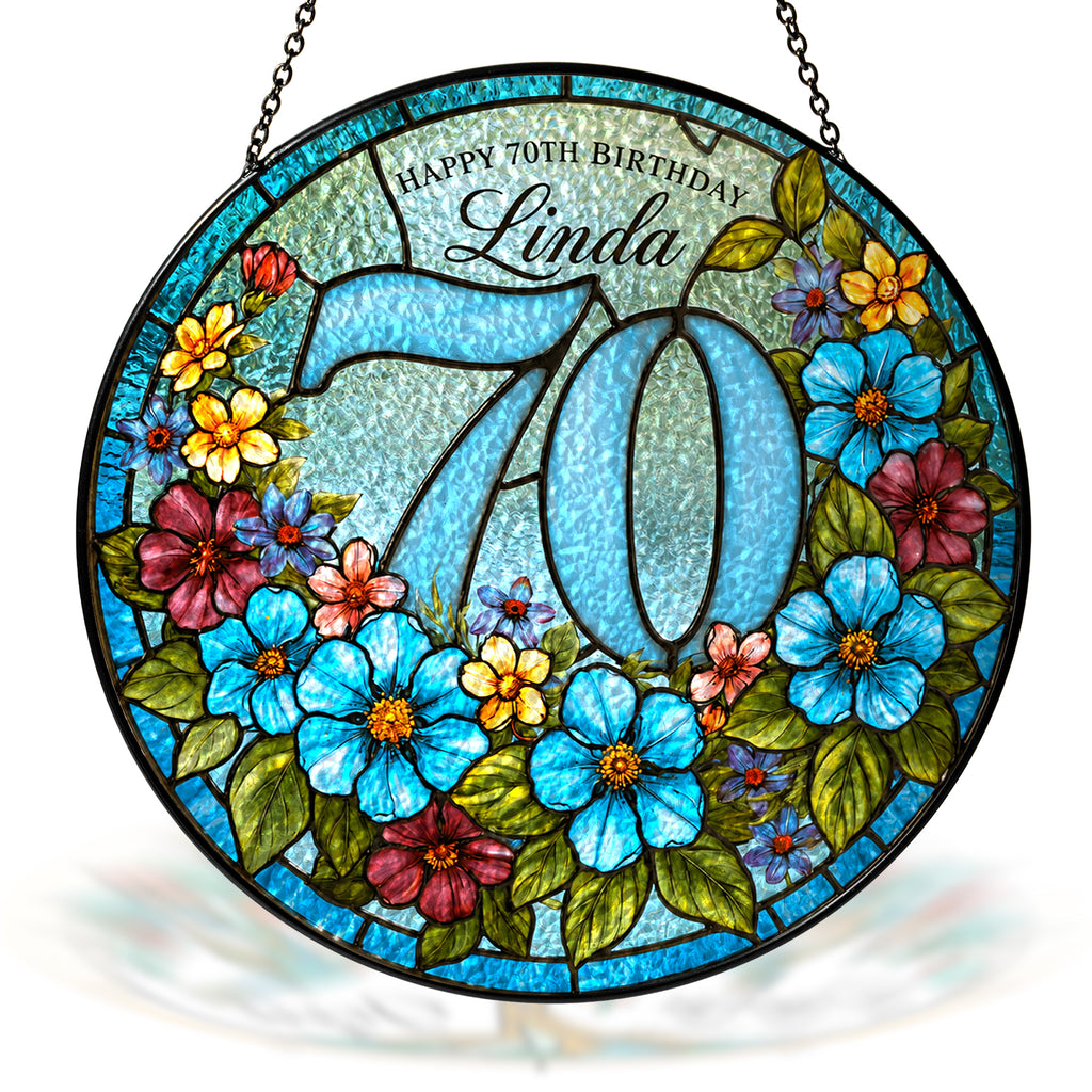 Personalized 70th Birthday Suncatcher – Custom Name Floral Stained Glass Window Hanging Gift