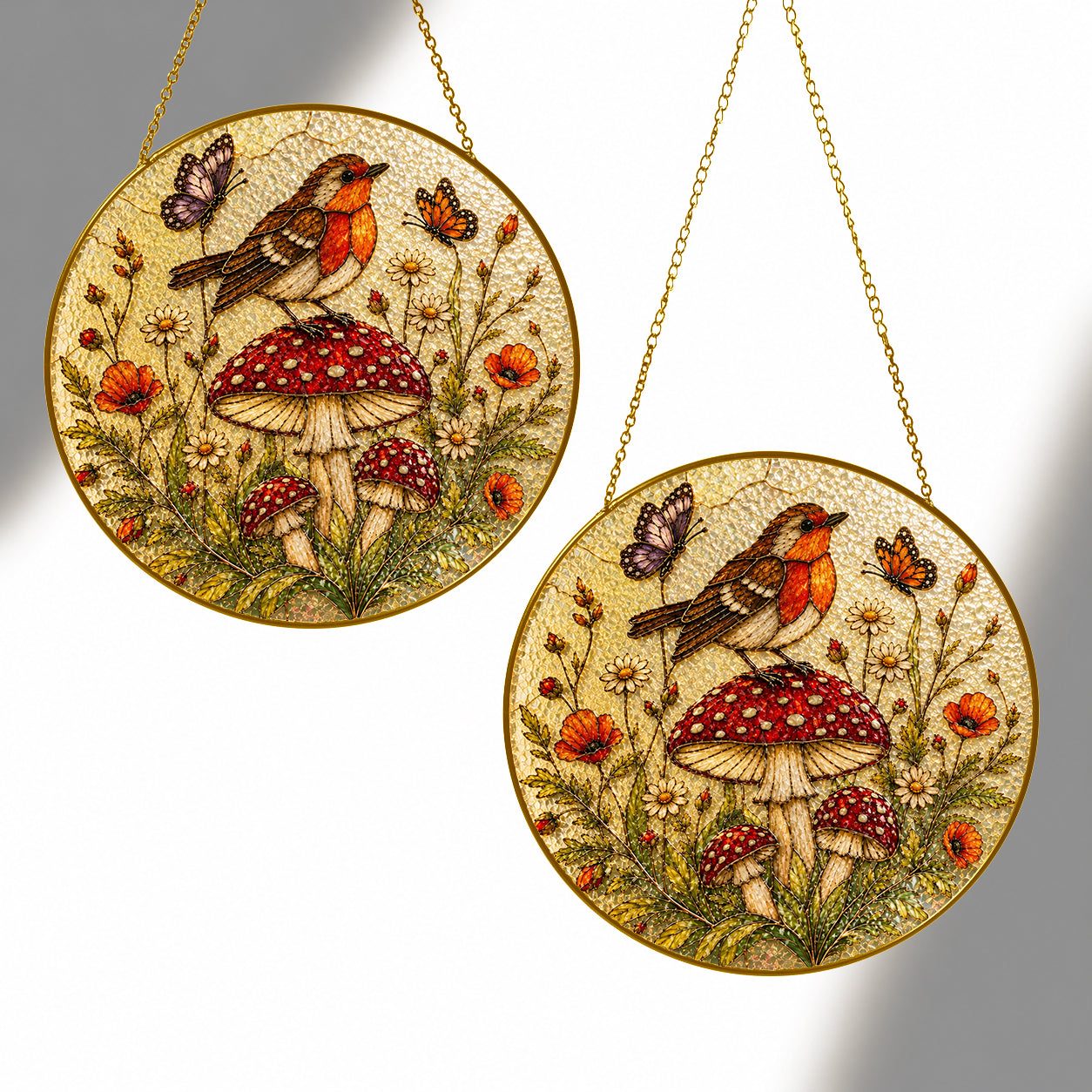 Robin & Mushroom Stained Glass Suncatcher