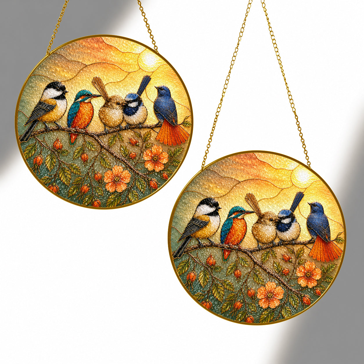 Colorful Birds on a Branch Stained Glass Suncatcher