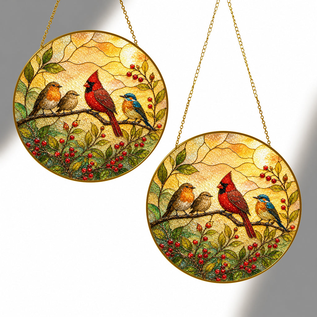 Cardinal & Songbirds Stained Glass Suncatcher