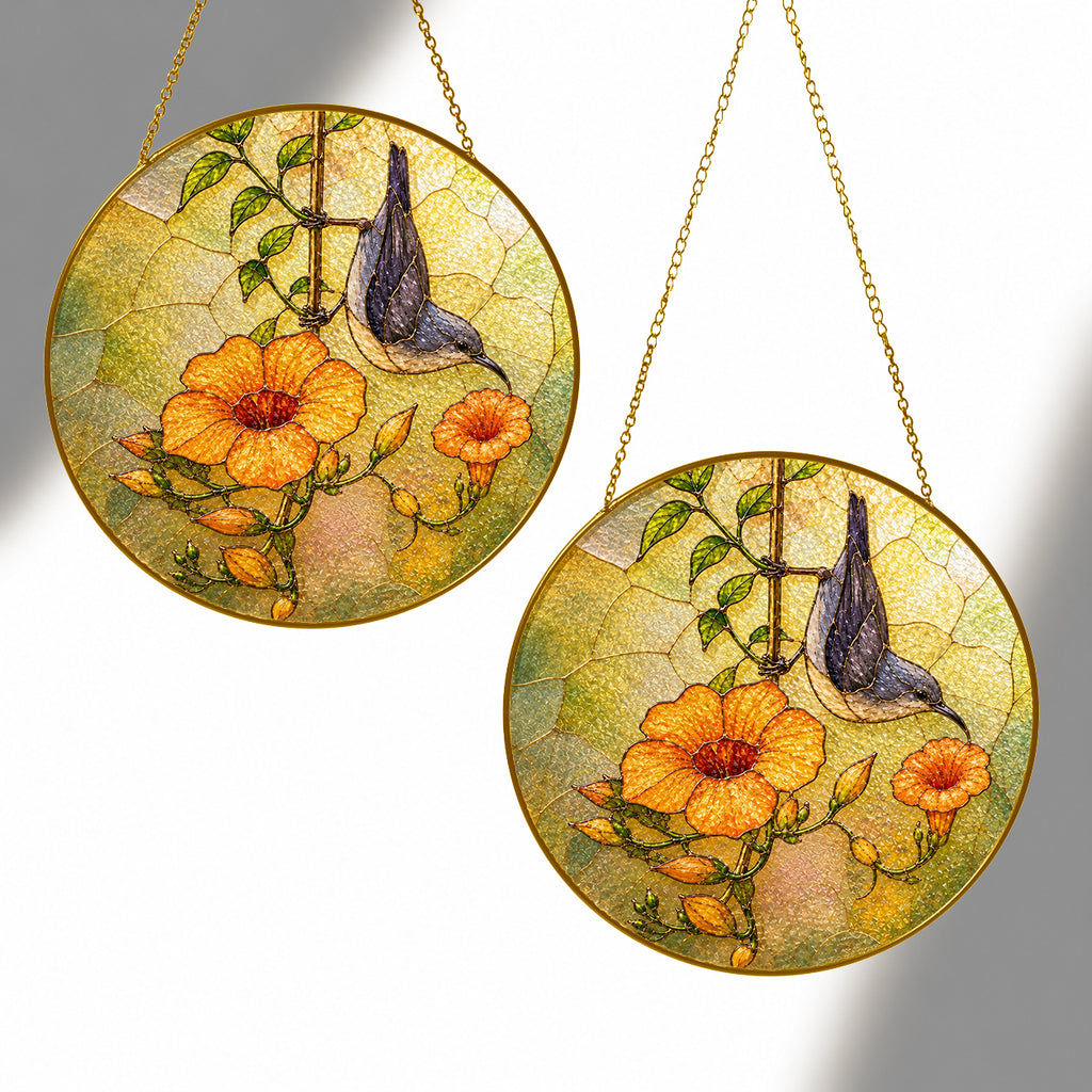 Nuthatch & Trumpet Flower Stained Glass Suncatcher