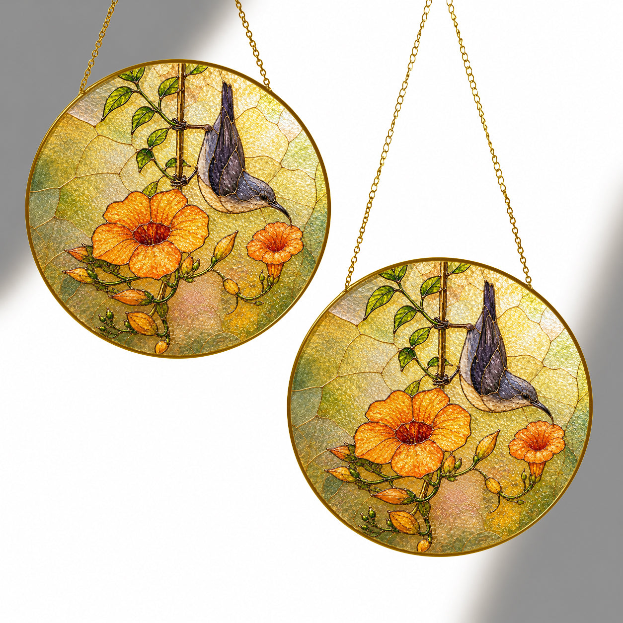 Nuthatch & Trumpet Flower Stained Glass Suncatcher