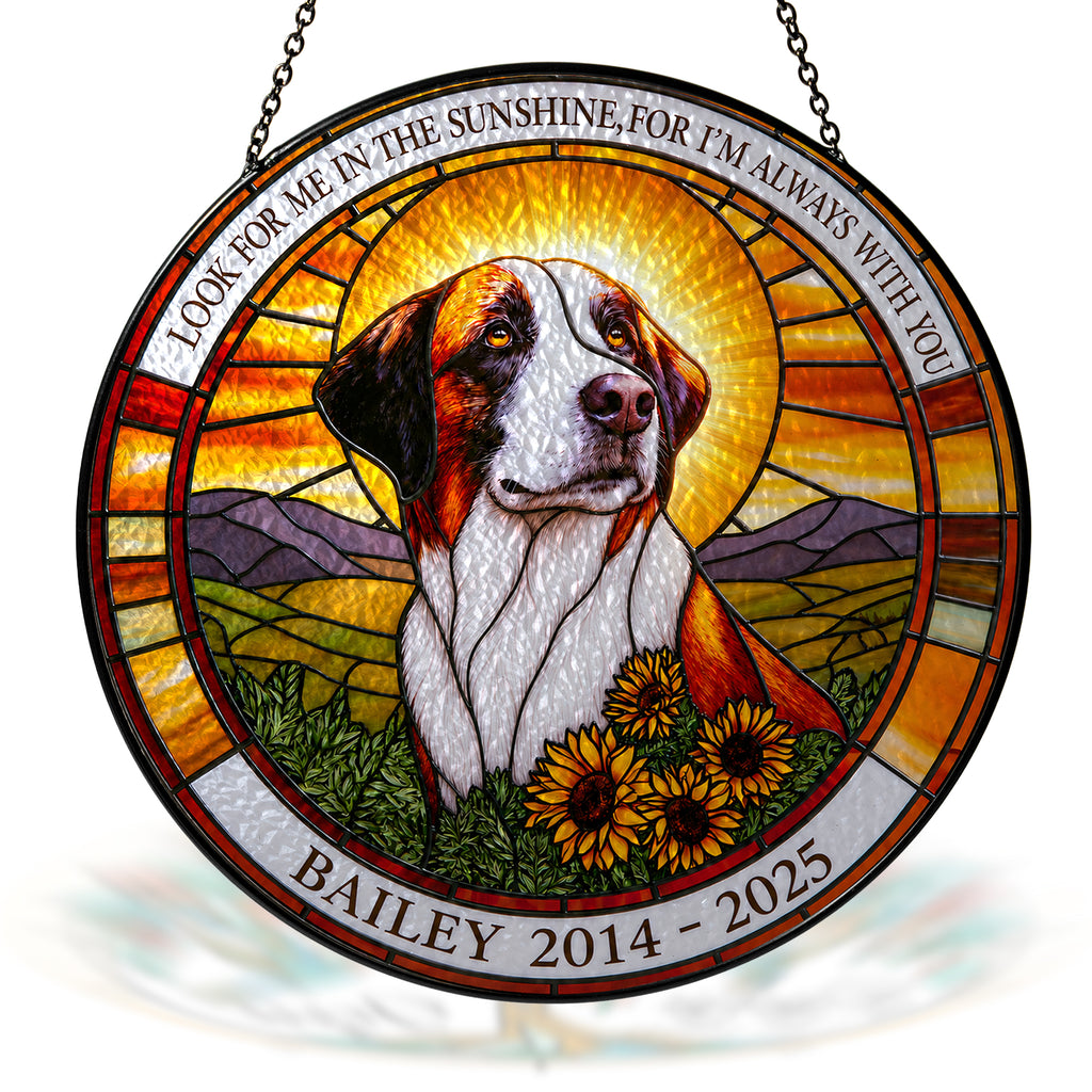 Personalized dog memorial stained glass suncatcher with custom name and dates
