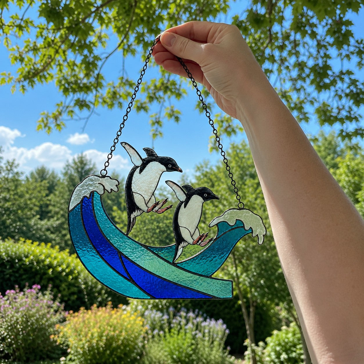 Personalized Penguin Couple Ocean Wave Holographic Acrylic Suncatcher