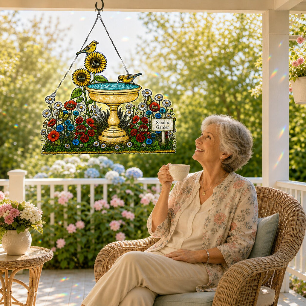 Personalized Grandma's Garden Birdbath Holographic Acrylic Suncatcher