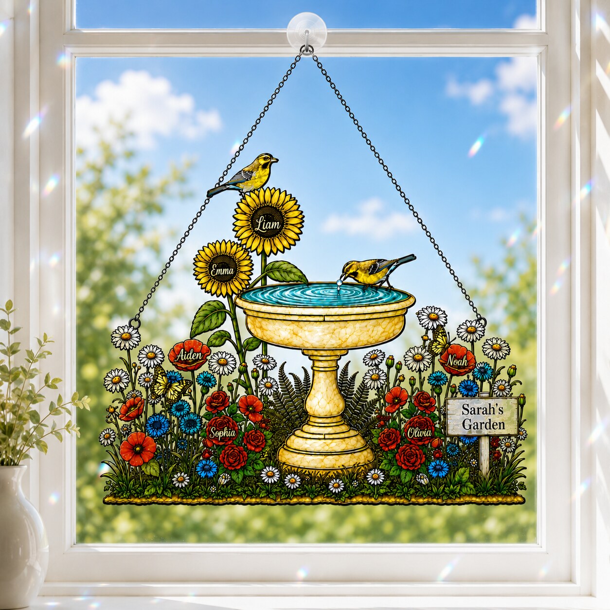 Personalized Grandma's Garden Birdbath Holographic Acrylic Suncatcher
