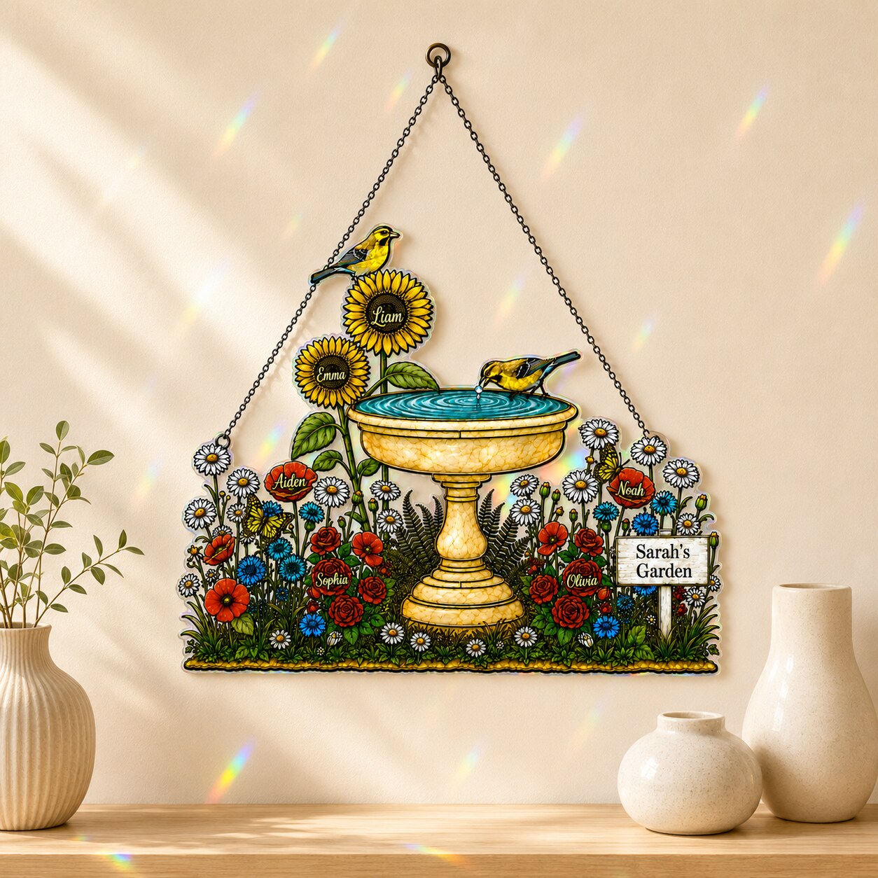 Personalized Grandma's Garden Birdbath Holographic Acrylic Suncatcher