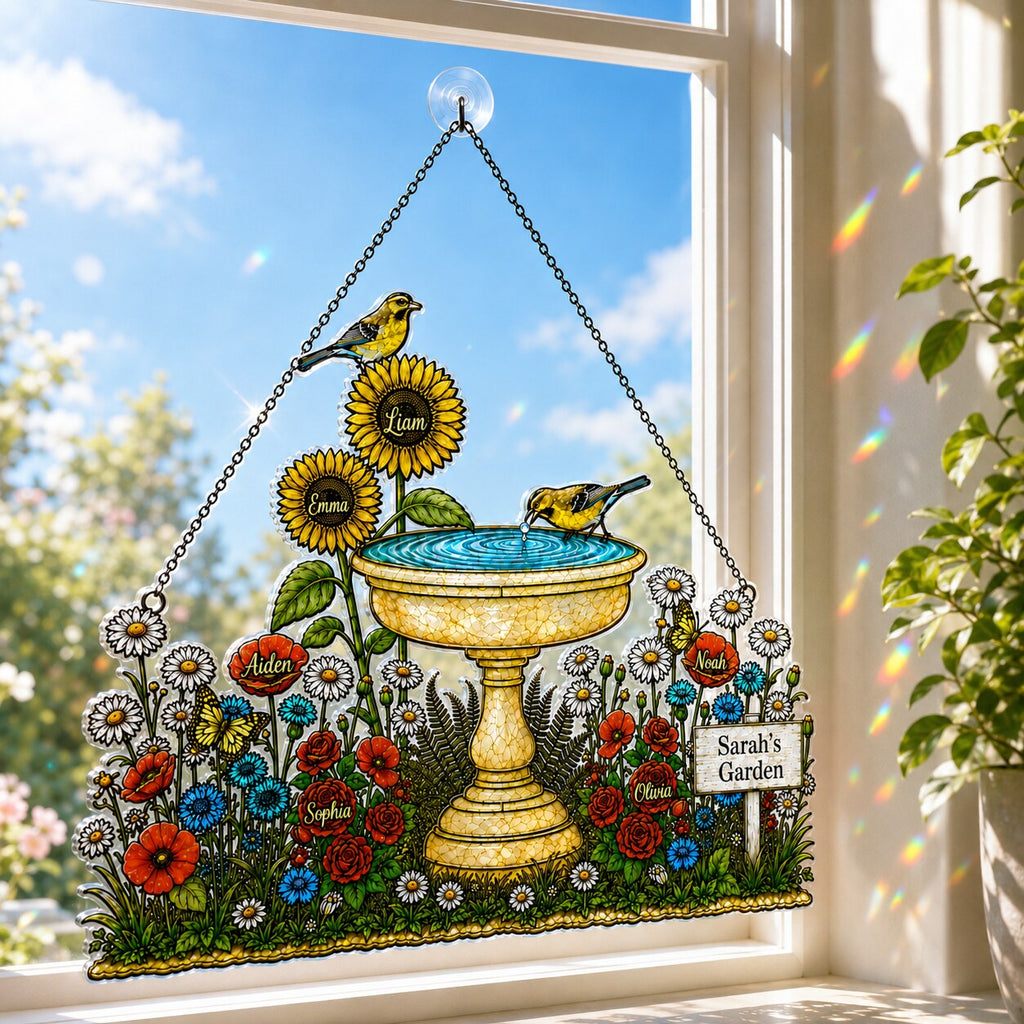 Personalized Grandma's Garden Birdbath Holographic Acrylic Suncatcher