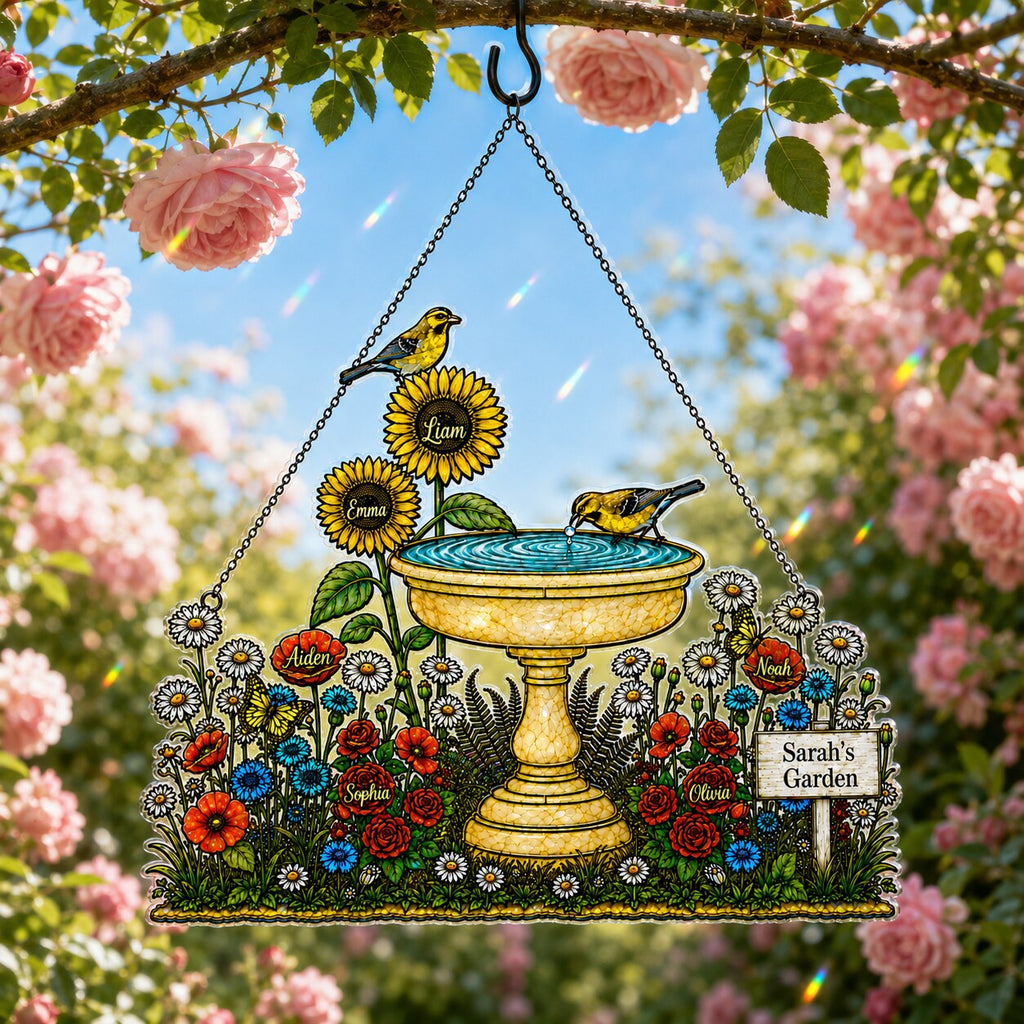 Personalized Grandma's Garden Birdbath Holographic Acrylic Suncatcher