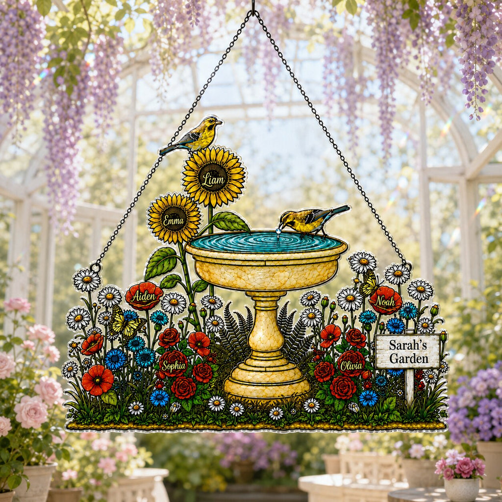 Personalized Grandma's Garden Birdbath Holographic Acrylic Suncatcher