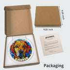 Open kraft gift box showing the rainbow mosaic dog memorial suncatcher with a size reference