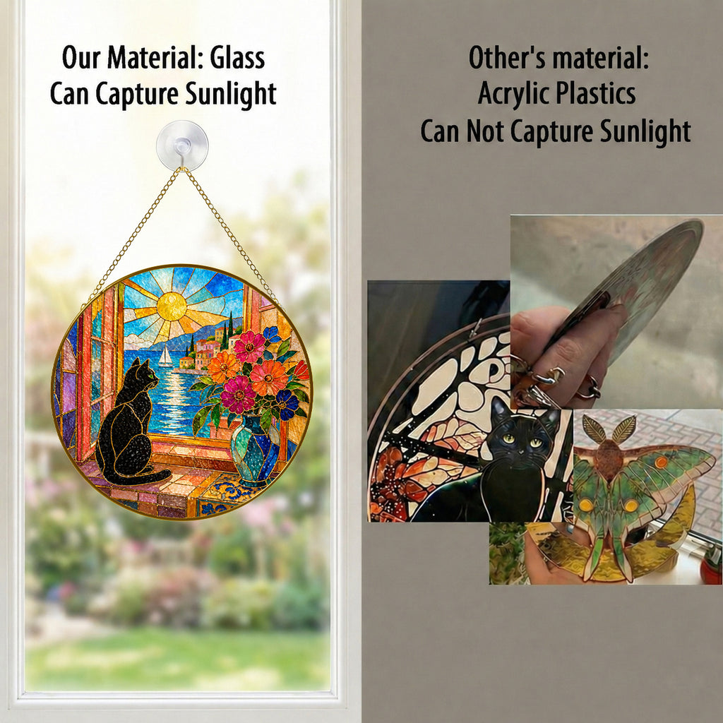 Black Cat & Seaside Window Stained Glass Suncatcher