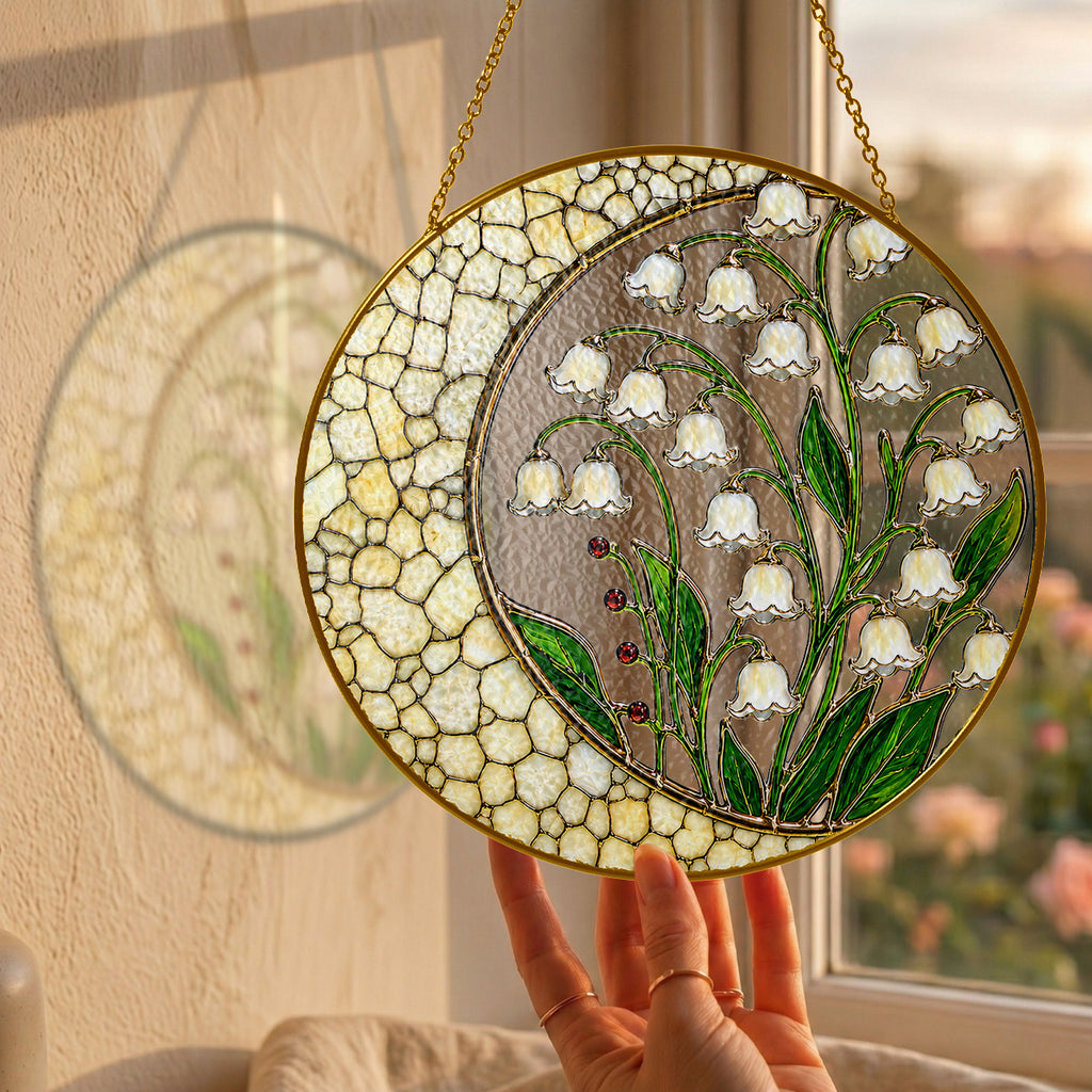 Lily of the Valley Stained Glass Suncatcher – Crescent Moon