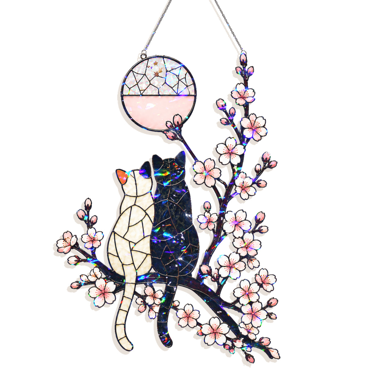 A stained glass hanging ornament featuring two cats perched on flowering branches, with a circular hanging top and iridescent multicolor glass panels, shown on a plain white background.