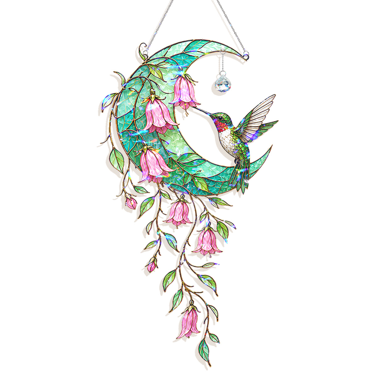 A stained glass hanging ornament featuring a crescent moon, pink bell-shaped flowers, and a hummingbird, suspended by a silver string against a white background.