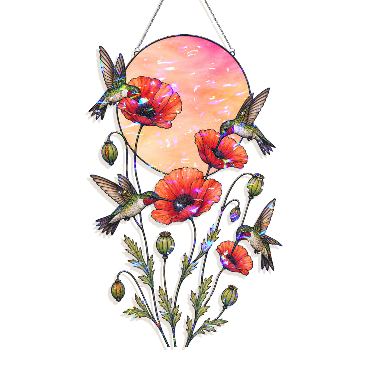 A hanging garden ornament featuring three hummingbirds, red poppy flowers, green stems, and a large pink and orange sun disc on a white background.