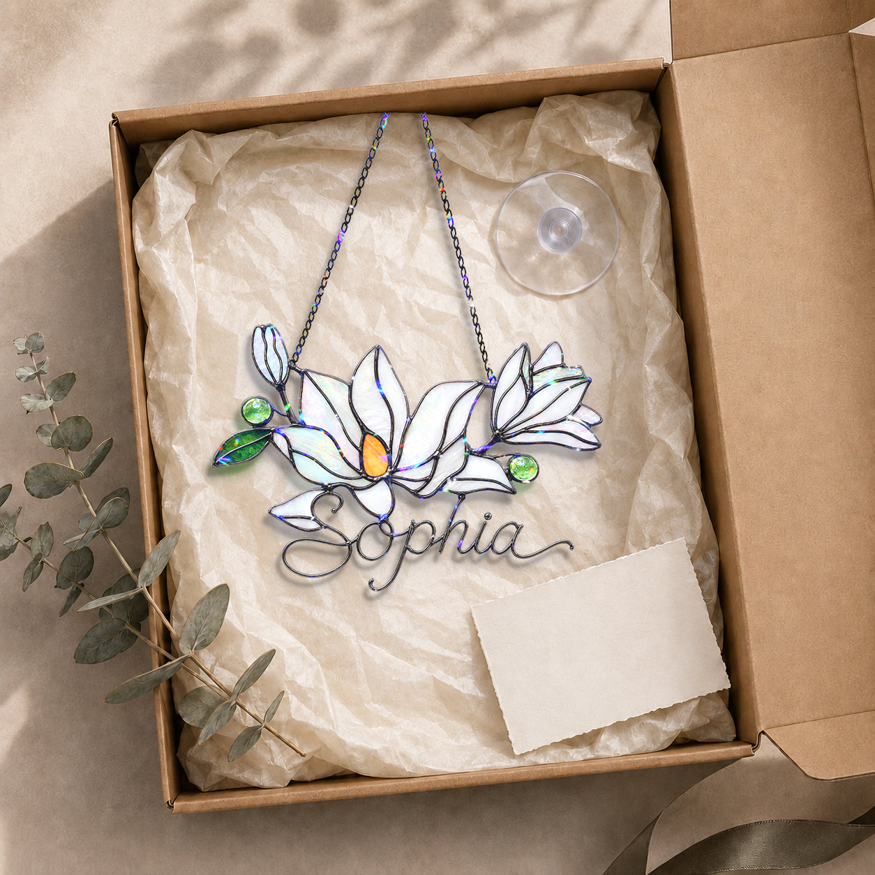 Personalized White Magnolia Branch Holographic Acrylic Suncatcher