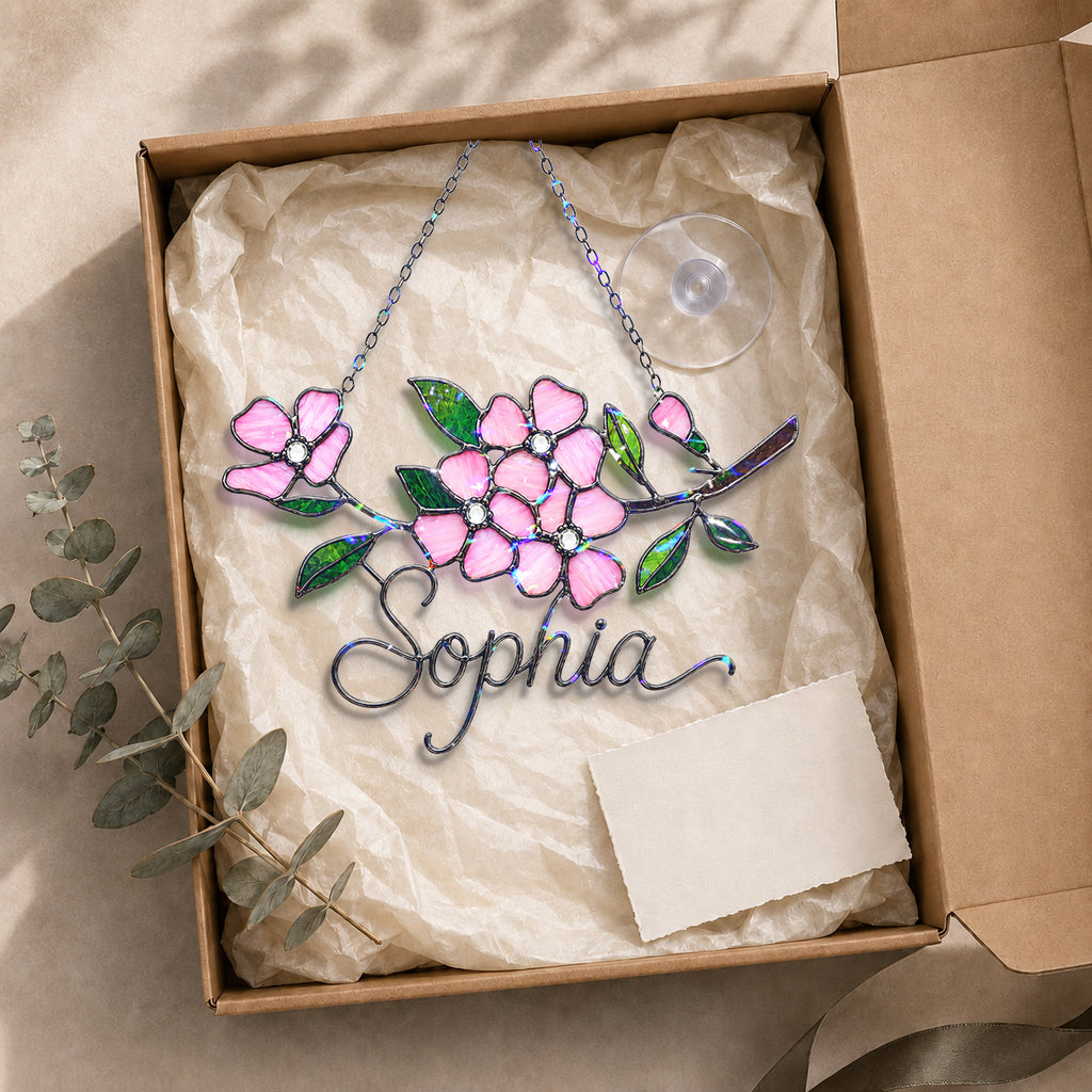 Personalized Pink Cherry Blossom Branch Holographic Acrylic Suncatcher