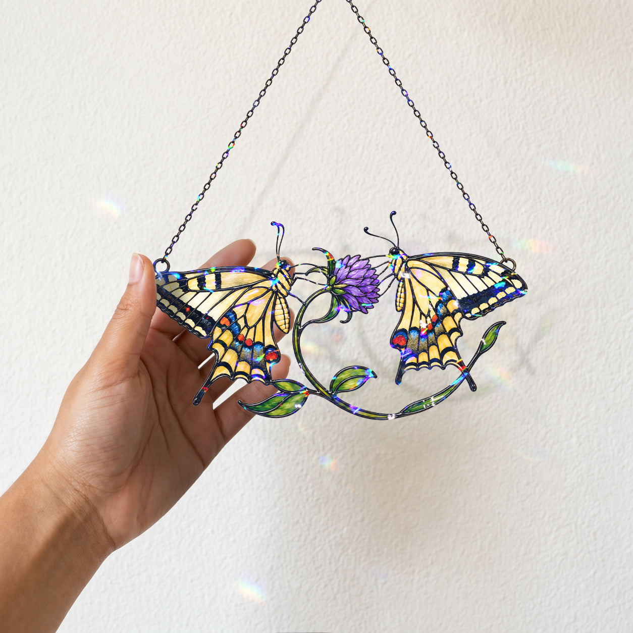 Twin Swallowtail Butterflies & Purple Clover Holographic Acrylic Suncatcher