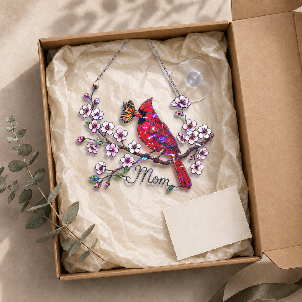 Personalized Cardinal & Cherry Blossom Holographic Acrylic Suncatcher