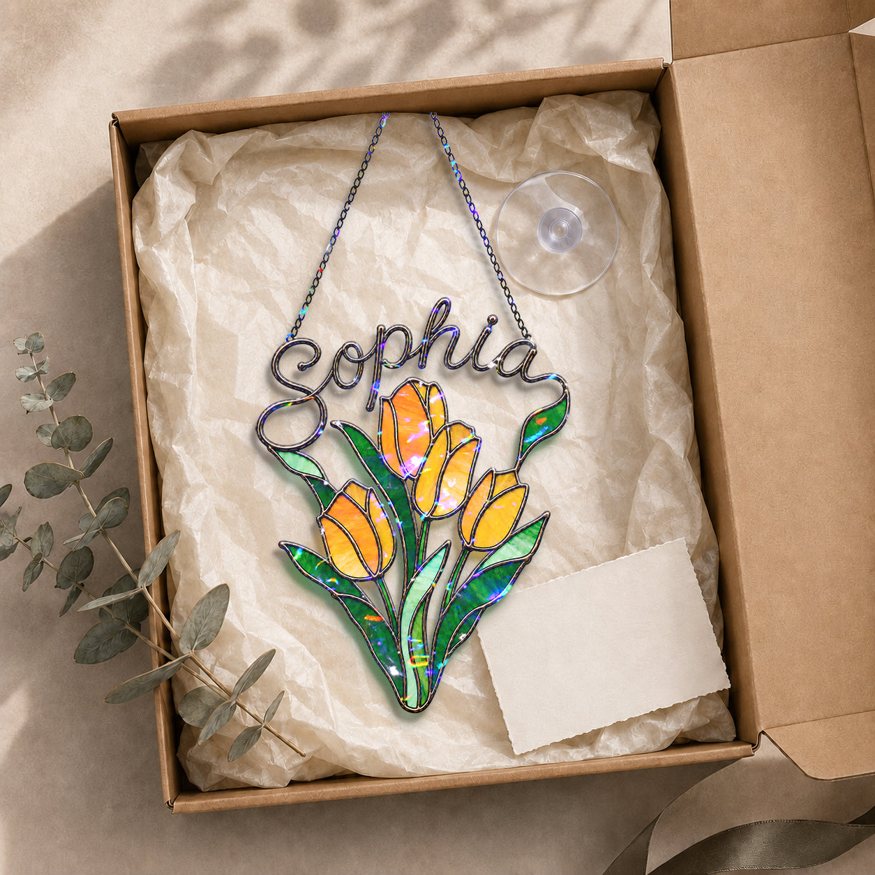 Personalized Yellow Tulip Bouquet Holographic Acrylic Suncatcher